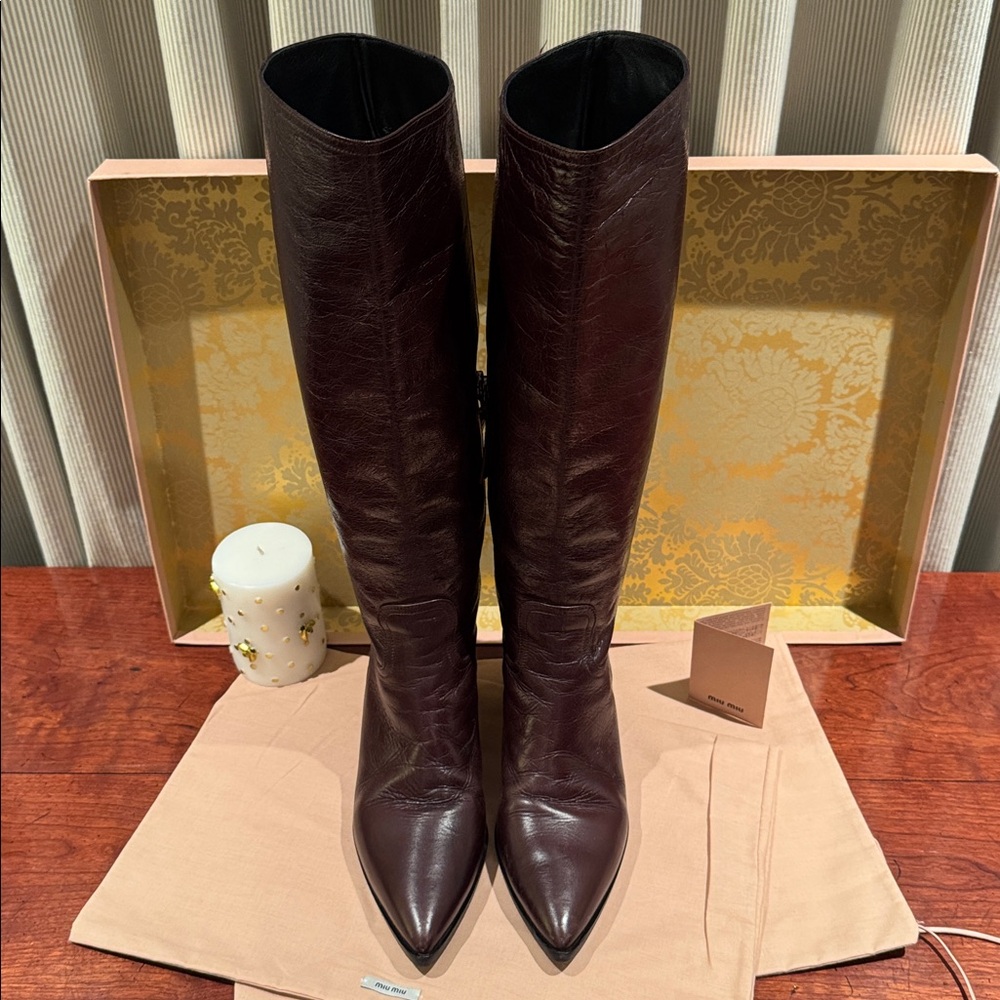 MIU MIU VITELLO SHINE BROWN TALL LEATHER BOOTS SIZE EU 37.5 - Picture 4 of 12